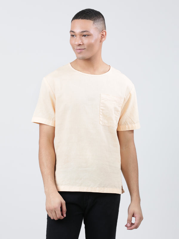 Men Round Neck Dyed Cotton-Linen T-shirt
