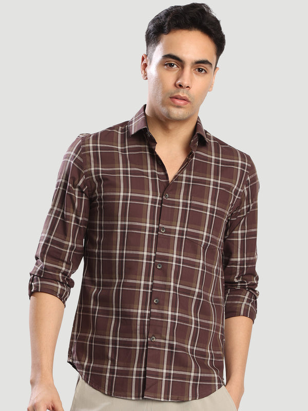 Mens Coffee Slim fit checked formal shirt