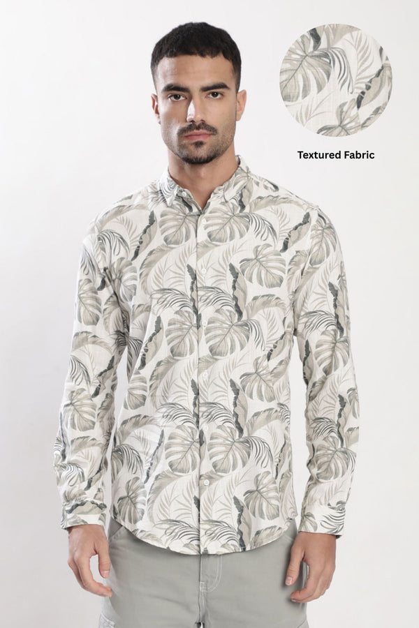 Men Cream and Green Tropical Printed Slub TextureShirt