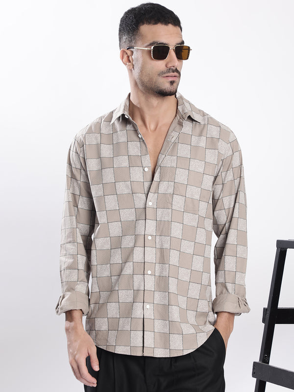 Men Khaki Abstract print Single Pocket Shirt