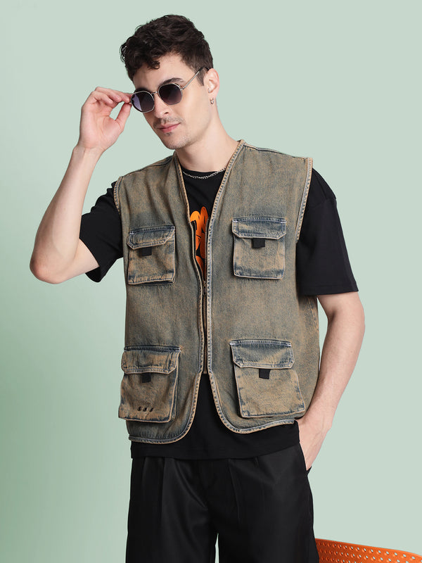 Men Utlity Pocket Olive Tinted Sustainable Denim Jacket
