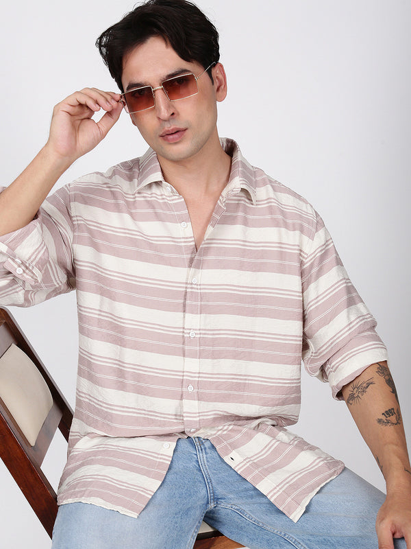 Men Peach and White Horizontal Striped Shirt