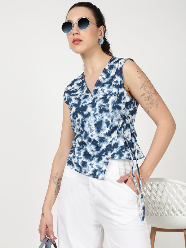 Women Maroon Overlap Printed Top with Side Knot