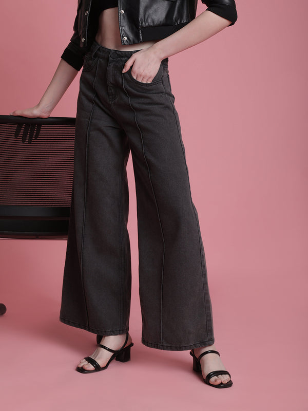 Women Grey Wide-Leg Solid Denim Jeans