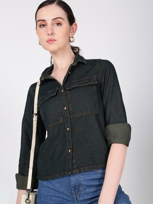 Women Dark Blue Regular Fit Denim shirt