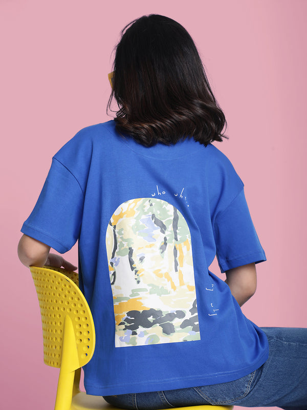 Womens Blue Graphic Print Oversized T-Shirt
