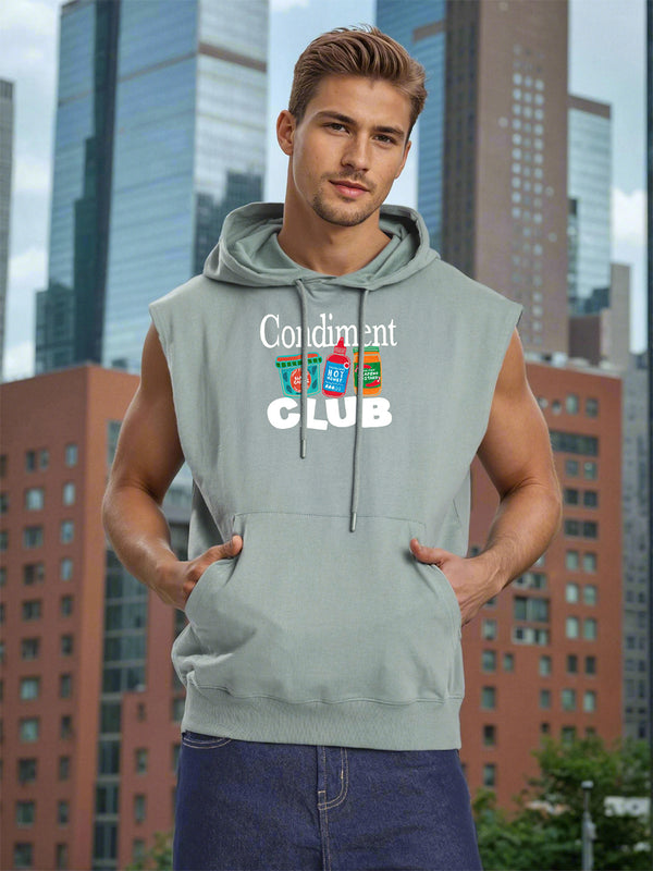 Men Green Graphic Printed Sleeveless Hoodie with kangaroo pocket
