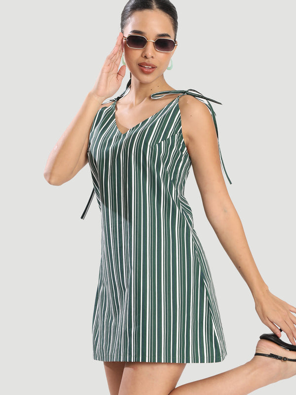 Women Tie Up Vertical Striped Pattern A-Line Dress