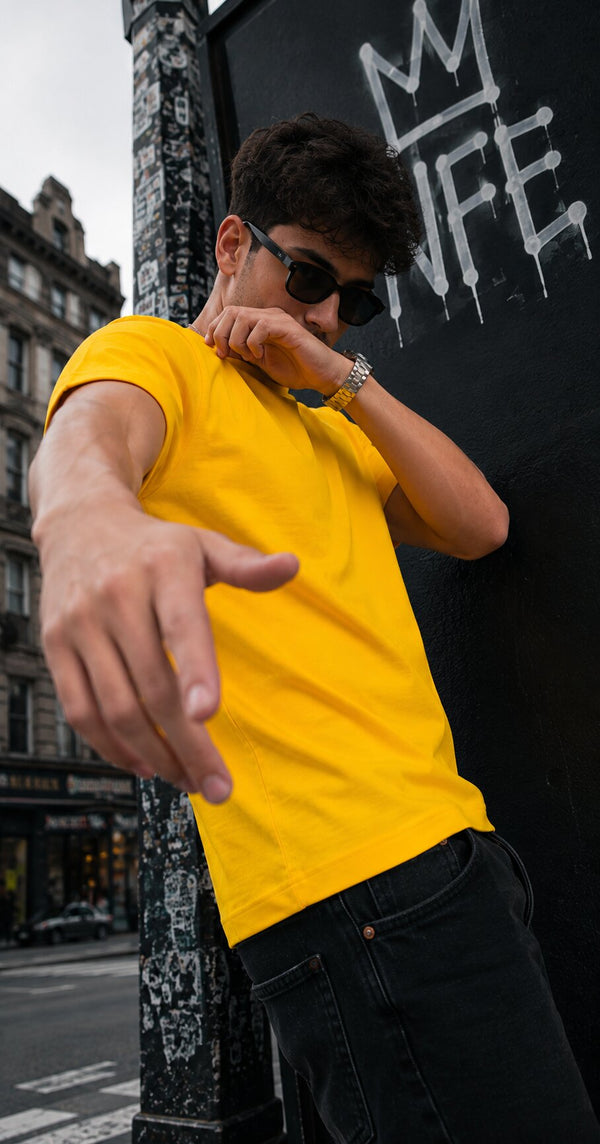 Men Yellow Solid Cotton T Shirt