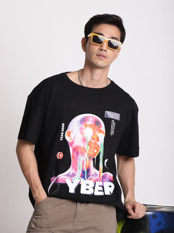 Men Black Wine & Dine' Typography Print Oversized T-shirt.