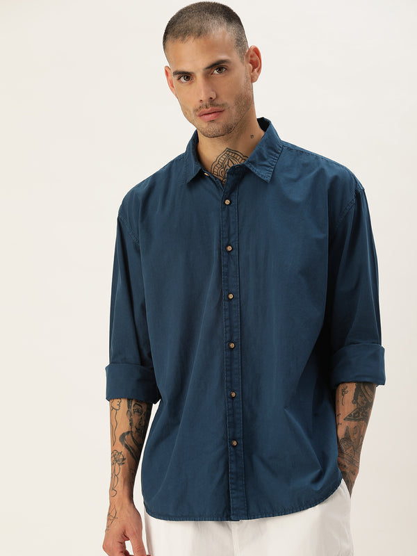 Men Solid Blue Oversized Fit Casual Shirt