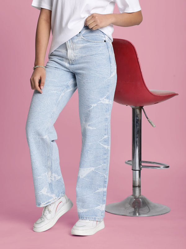 Women Light Blue Crushed Look Straight Fit Denim Jeans