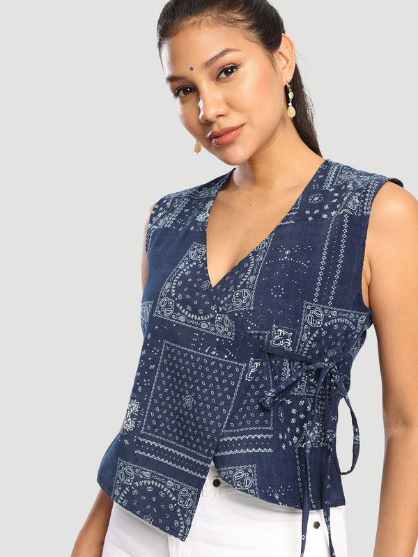 Women Over lap blue printed Adjustable Top with side knot