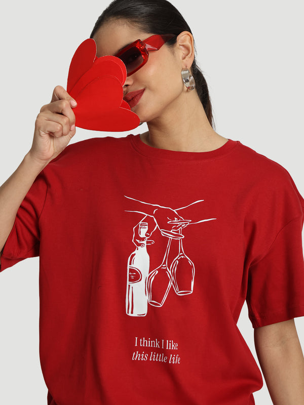 Women Oversize Red Floral Graphic Printed T-Shirt