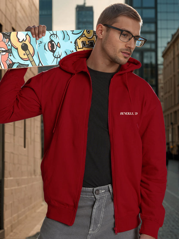Men Relaxed front zipper Graphic print red hoodie