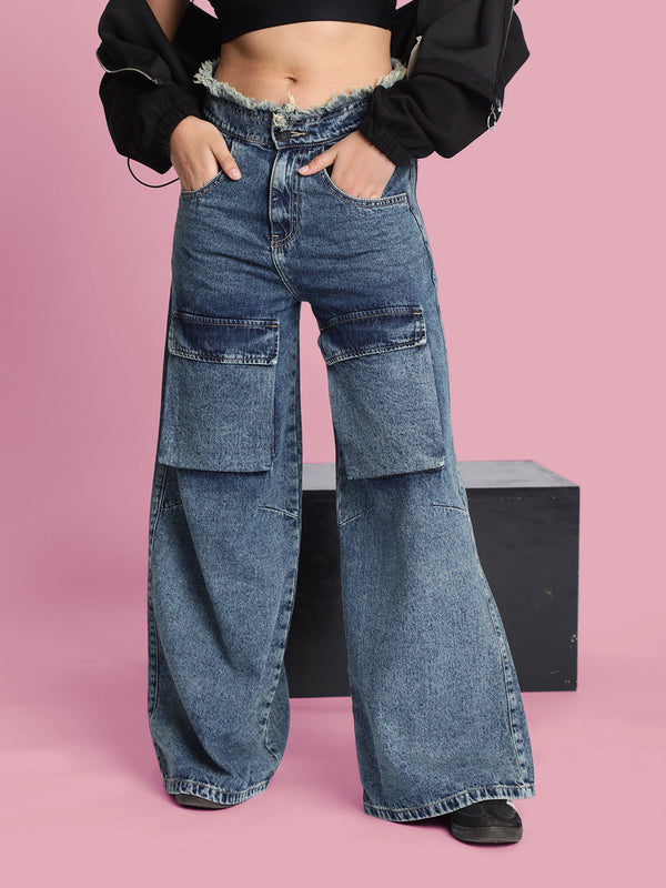 Women Sustainable Blue Wide-Leg Cargo Jeans