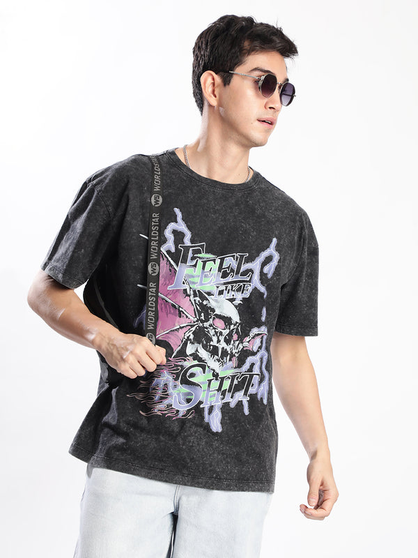 Mens Grey Acid Wash Graphic T-shirt