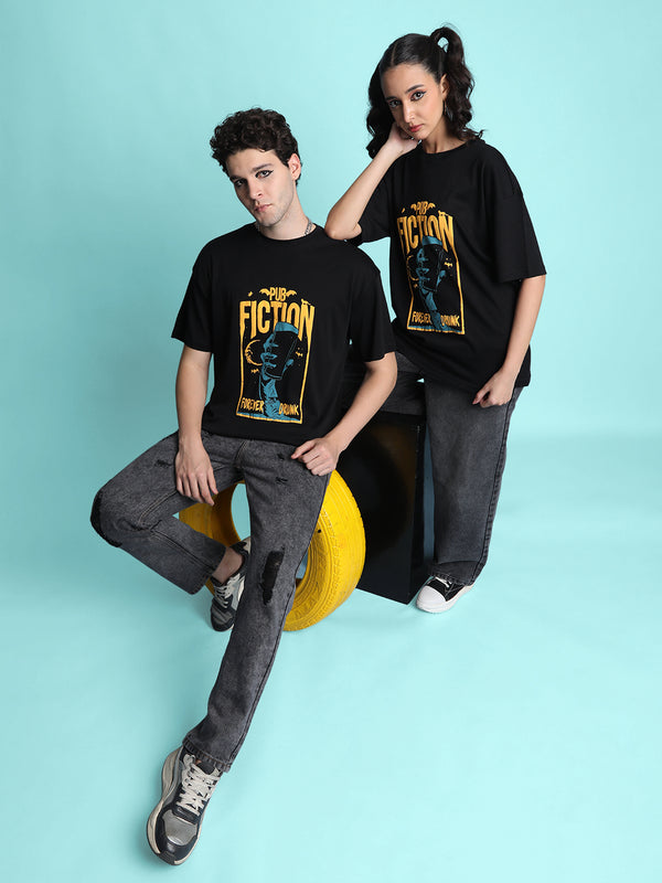 Women Oversize Fit Black Pub Fiction Puff Print T-Shirt