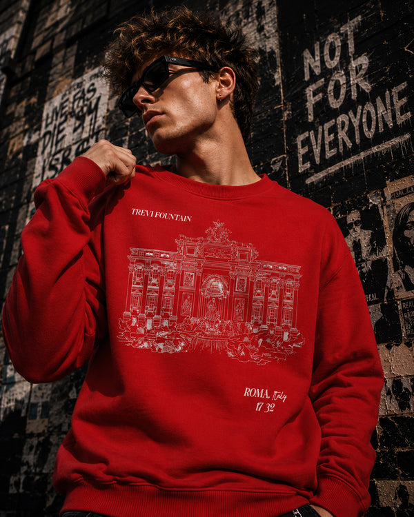 Men Crew Neck Drop Shoulder Graphic Printed Red Sweatshirt