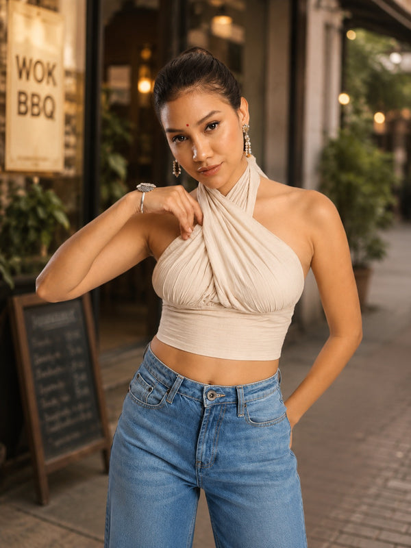 Women Cream Adjustable Halter Neck Top