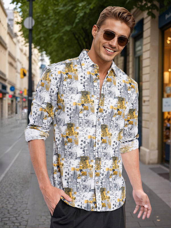 Men Grey and Mustard Abstract Print Slim Fit Shirt