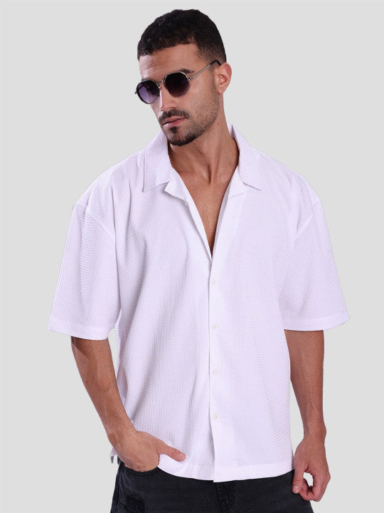 Oversized Waffle-Textured Cuban Collar Casual Shirt