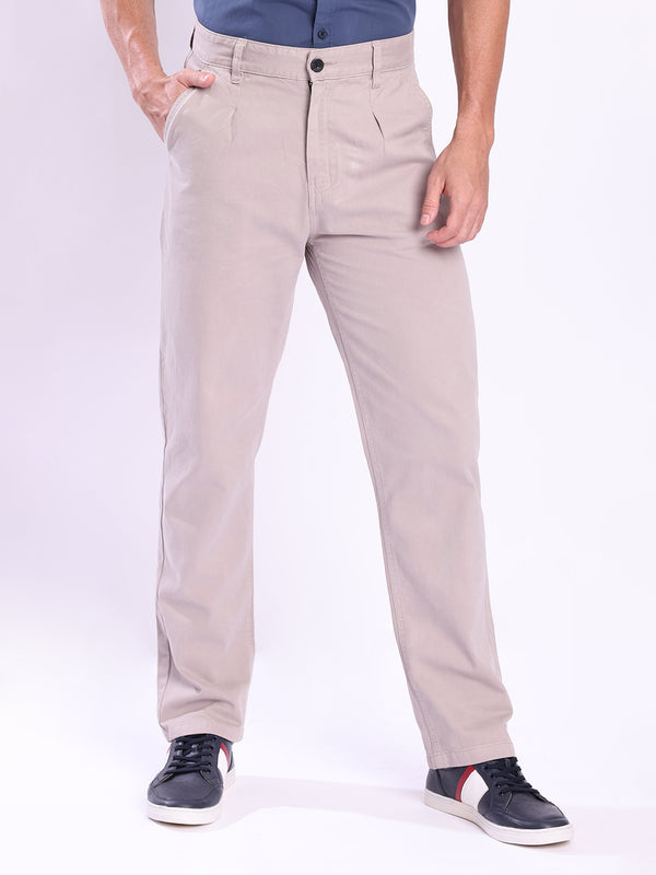 Men Silver Grey Striaght Fit Pleated Chino Trousers
