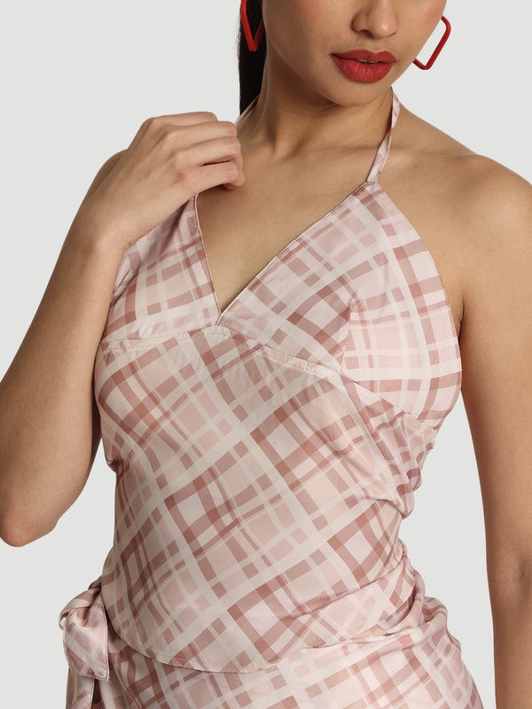 Women Checkered Slim Fit Halter Neck Top