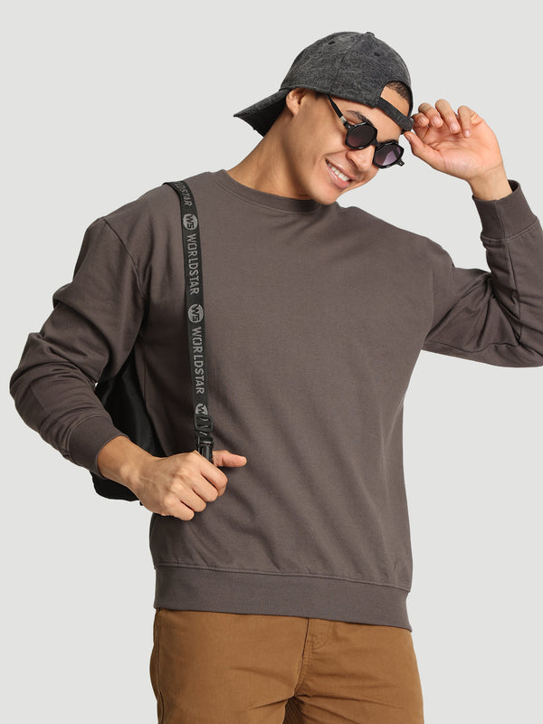 MEN Grey CREW NECK DROP SHOULDER relax fit SWEATSHIRT