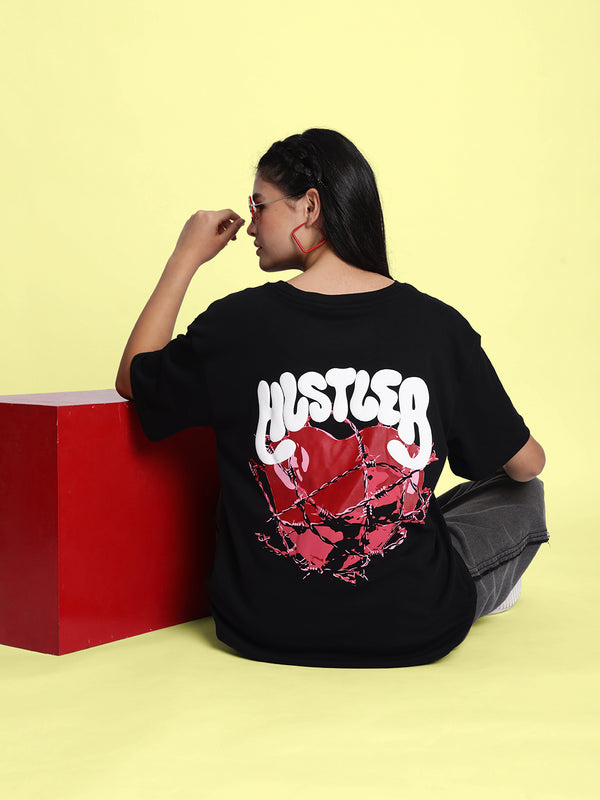 Women Black 'Hustler' Graphic Print Oversized T-shirt