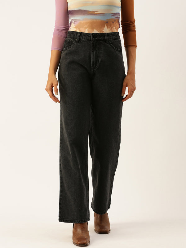 Women Solid Black High Rise Relaxed fit Jeans