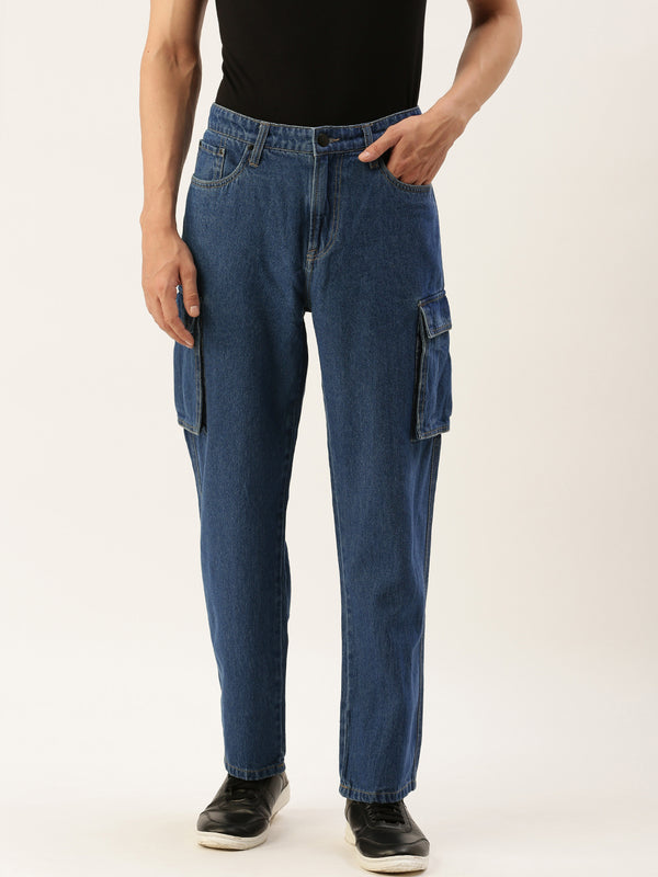 Men Navy Blue Relaxed-Fit Solid Cargo Jeans