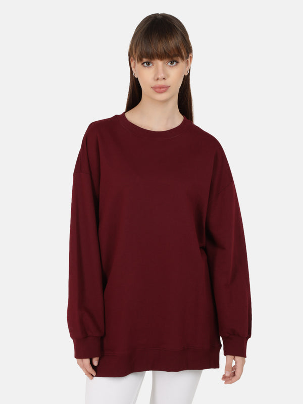 Women Solid Maroon Long line Oversized Sweatshirt