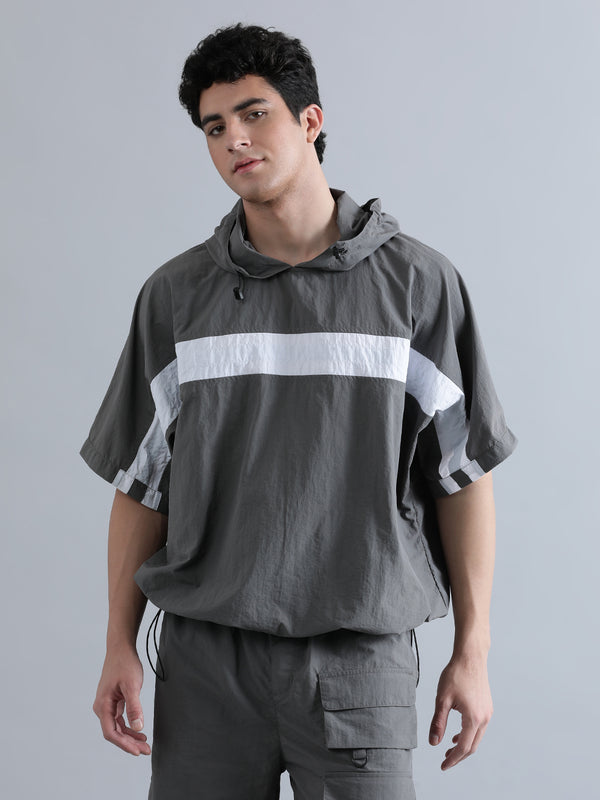 Men Hooded Short Sleeves Opaque Oversized Casual Shirt
