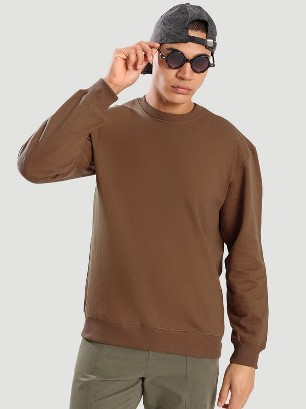 MEN Brown CREW NECK DROP SHOULDER relax fit SWEATSHIRT