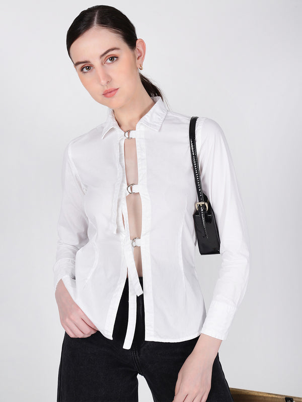 Women White Front Tie up Deatil Full Sleeve Shirt