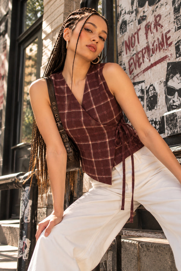 Women Over Lap Maroon Checked Adjustable Top With Side Knot