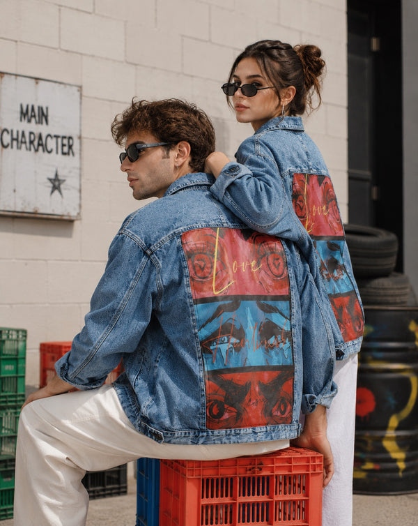 Unisex Mood Switch Oversized Denim Jacket with Swappable Graphic Patch