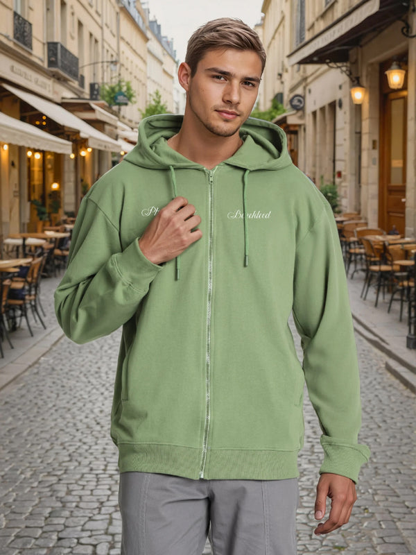 Men Relaxed front zipper Graphic print Olive hoodie