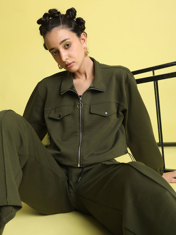 Women Relax Fit Olive Cropped Jacket