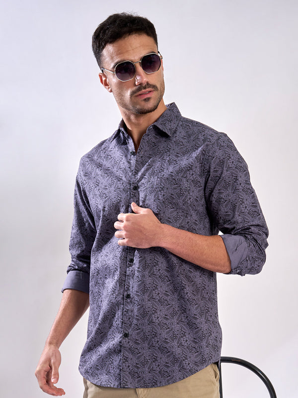 Men Purple Ditsy printed Single Pocket Shirt