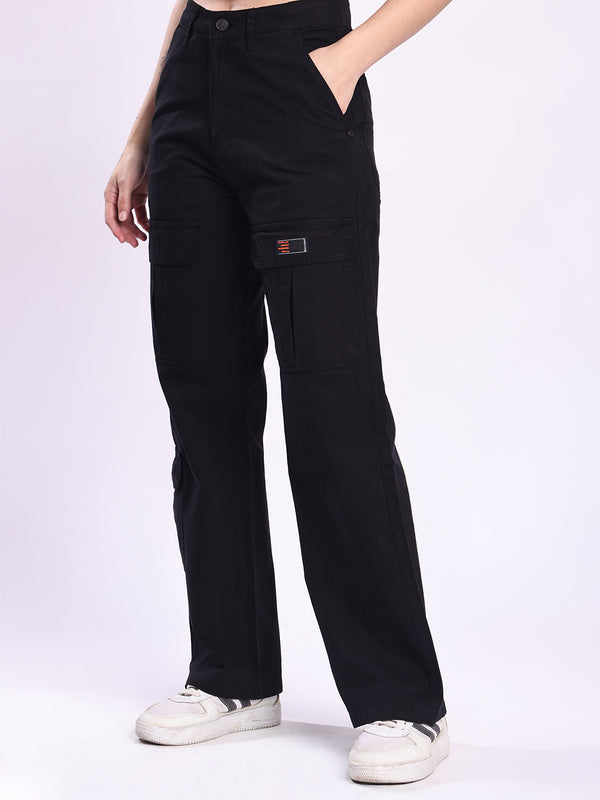 Women Black Straight Fit High-Rise Cotton Cargos Trousers