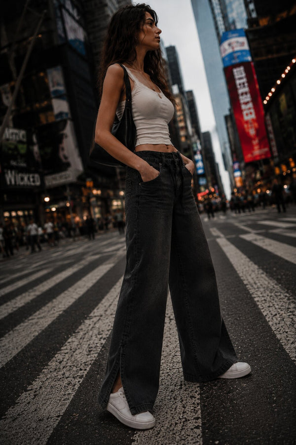 Women Black Relaxed Fit Jeans with Drawstring & Slit Detail