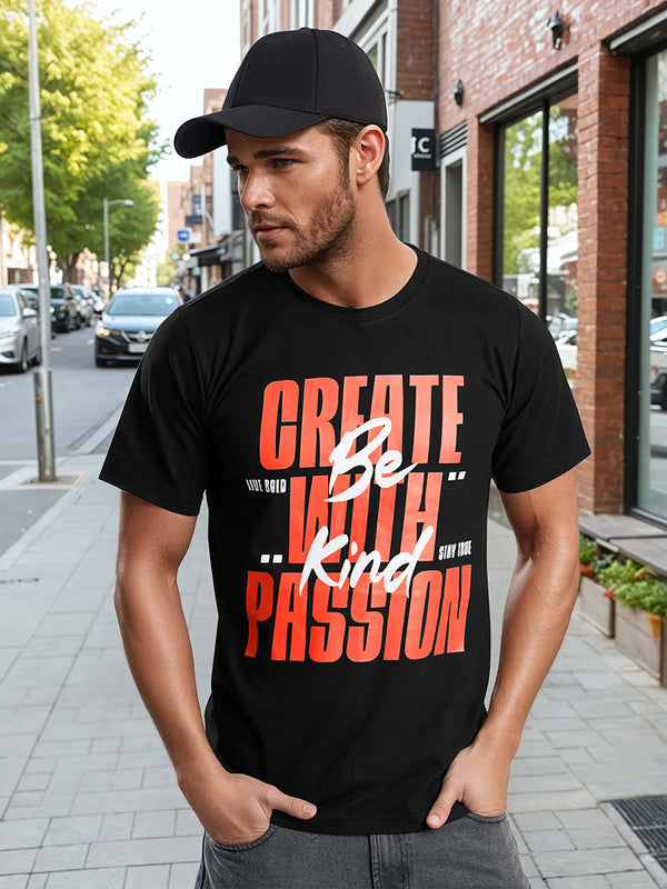 Men Black Cotton Lycra Typogrphy Print T Shirt