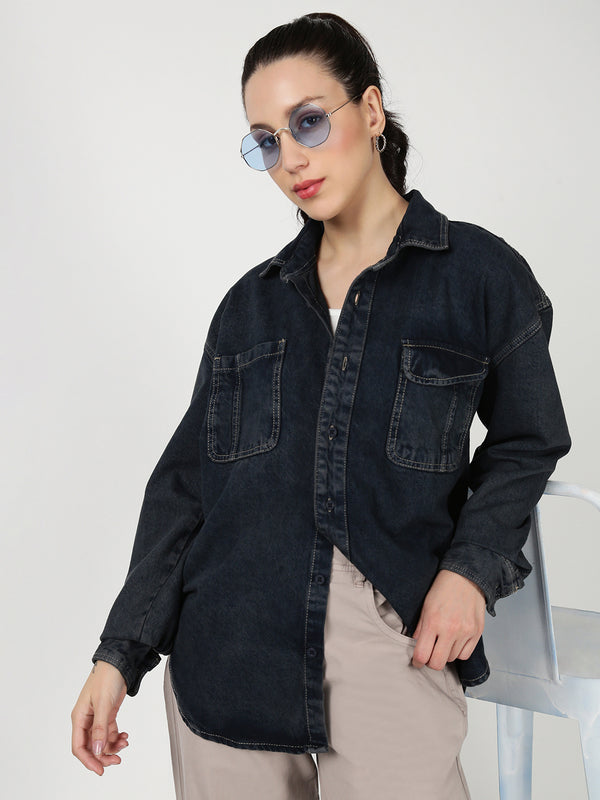 Women Blue Oversize Denim Shirt