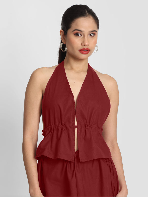 Women Solid Slim Fit Halter Neck Top