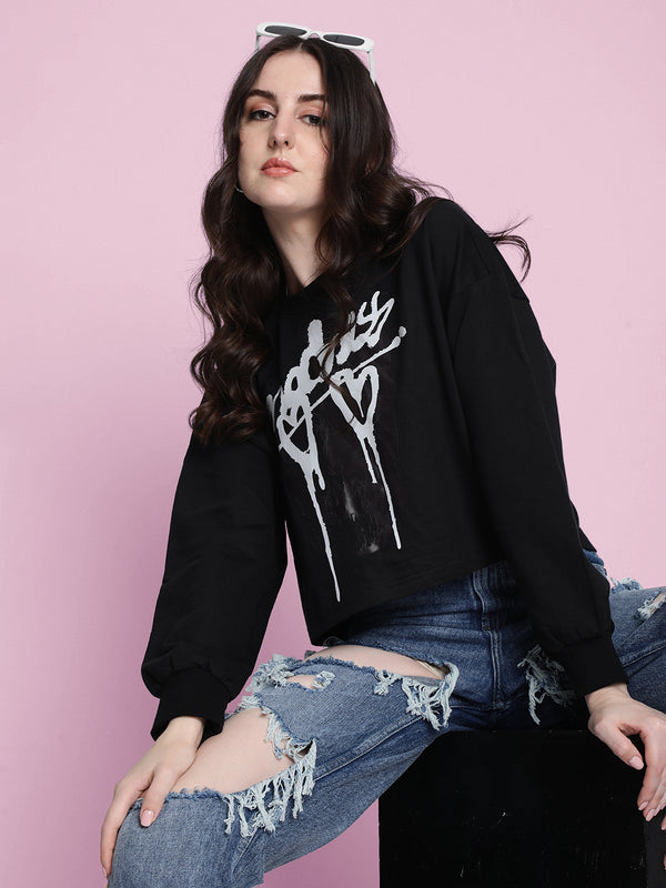 Women Black Graphic Print Cropped Sweatshirt