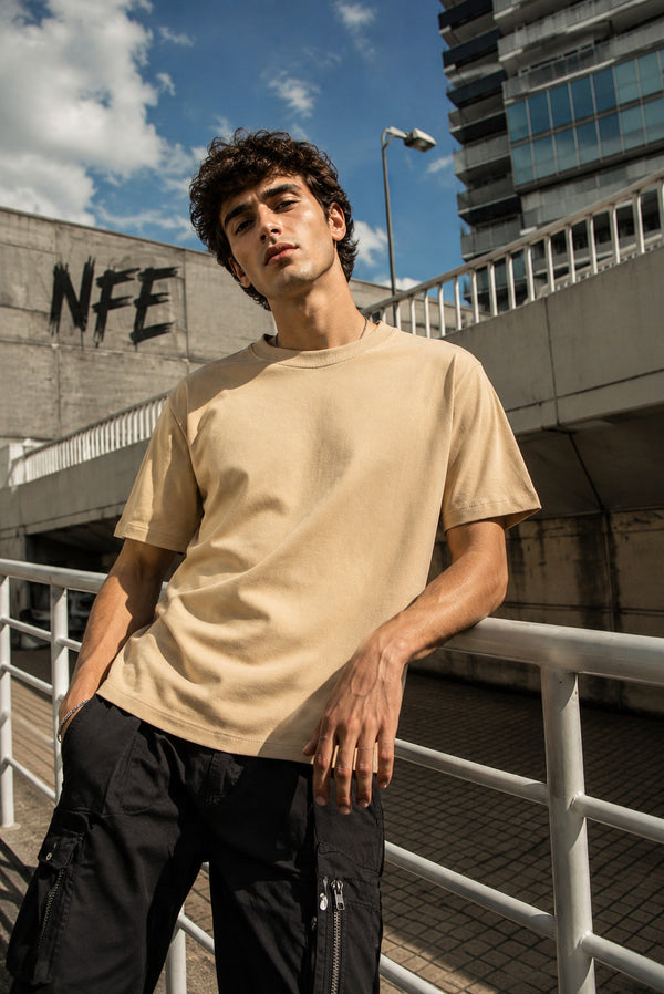 Mens Beige Solid T-shirt