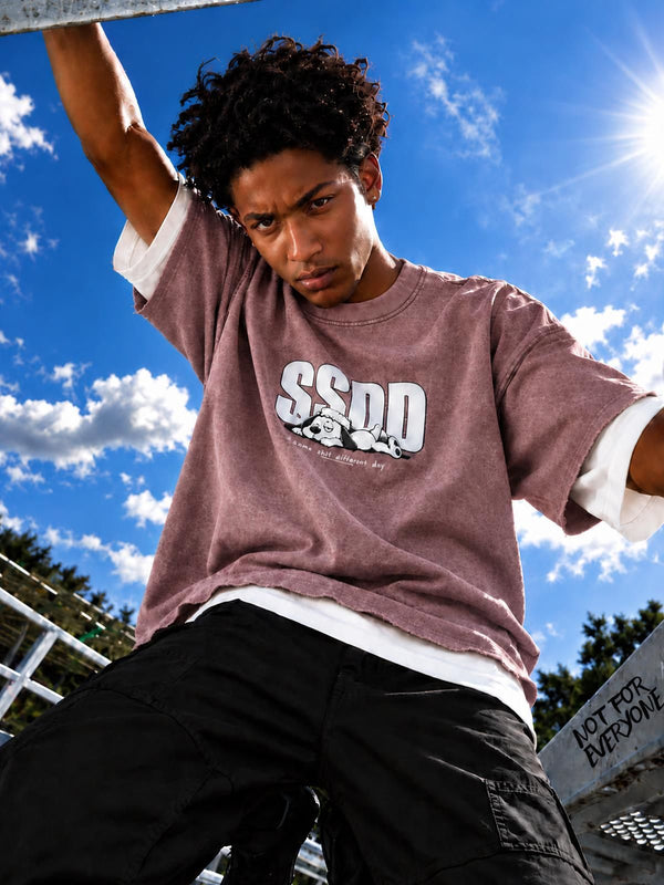 Men Magenta Oversized Acid Washed Graphic T-Shirt