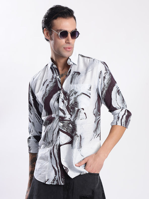Mens Brown Abstract Print Slim Fit Casual Shirt